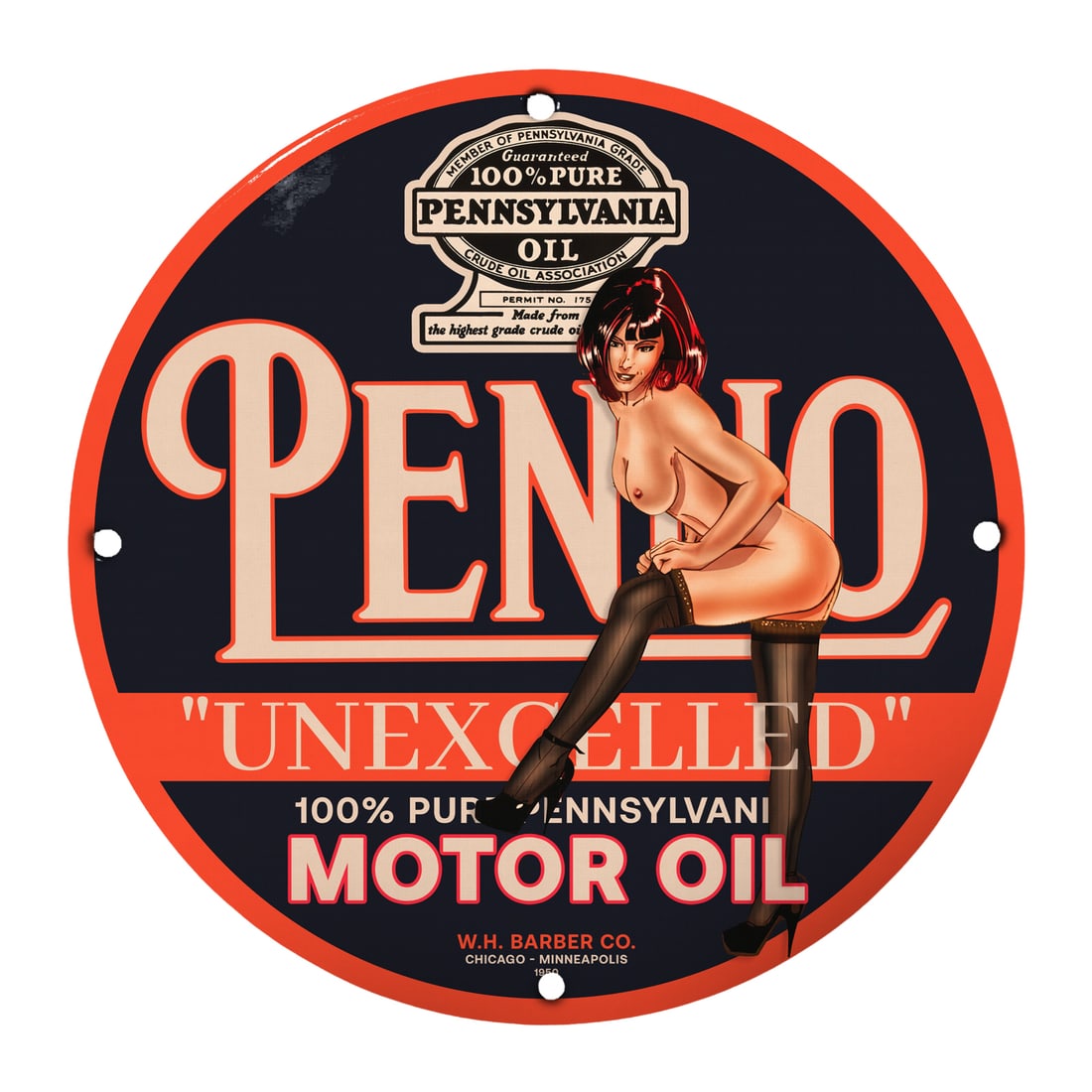 Vintage 12" Pinup Girl Porcelain Sign - Penn Oil Motor Oil Advertisement: Elevate your collection with this stunning 12-inch round porcelain sign featuring a classic pinup girl, perfect for automotive enthusiasts and vintage decor lovers alike. Crafted with superior attenti