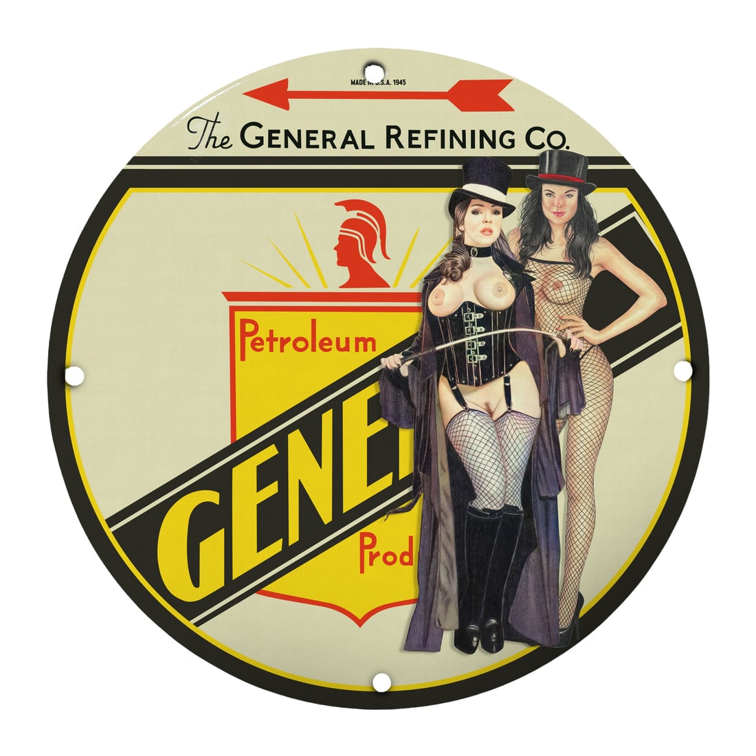 Vintage 12" Round Porcelain Pinup Girl Sign - General Refining Co. Decor: Step into a world of retro allure with this stunning 12-inch round porcelain pinup girl model sign, featuring the captivating imagery of the General Refining Company from 1945. This sign is not only a