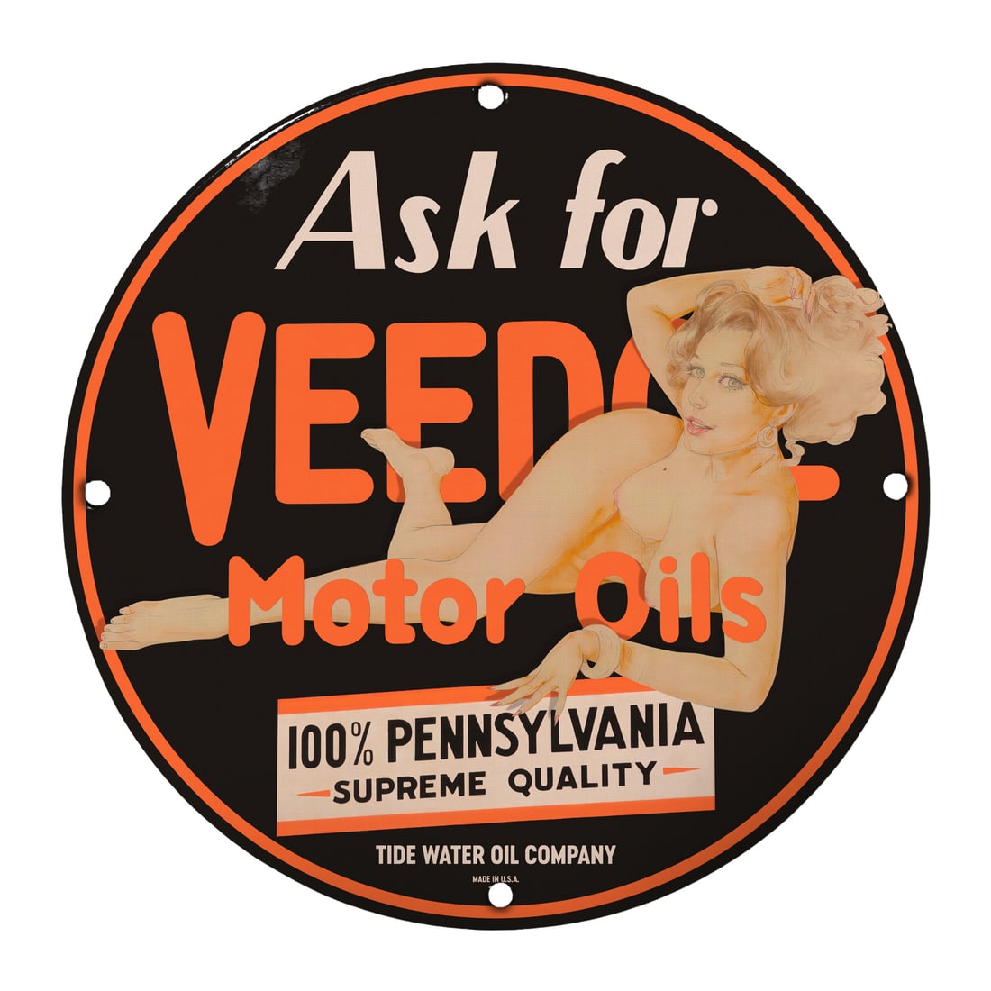 Vintage Porcelain Pinup Girl Sign: Ask for Veedol Motor Oils: Step into a world of vintage charm with this stunning 12-inch round porcelain pinup girl model sign, an excellent addition for collectors and enthusiasts alike. The sign features an alluring depiction