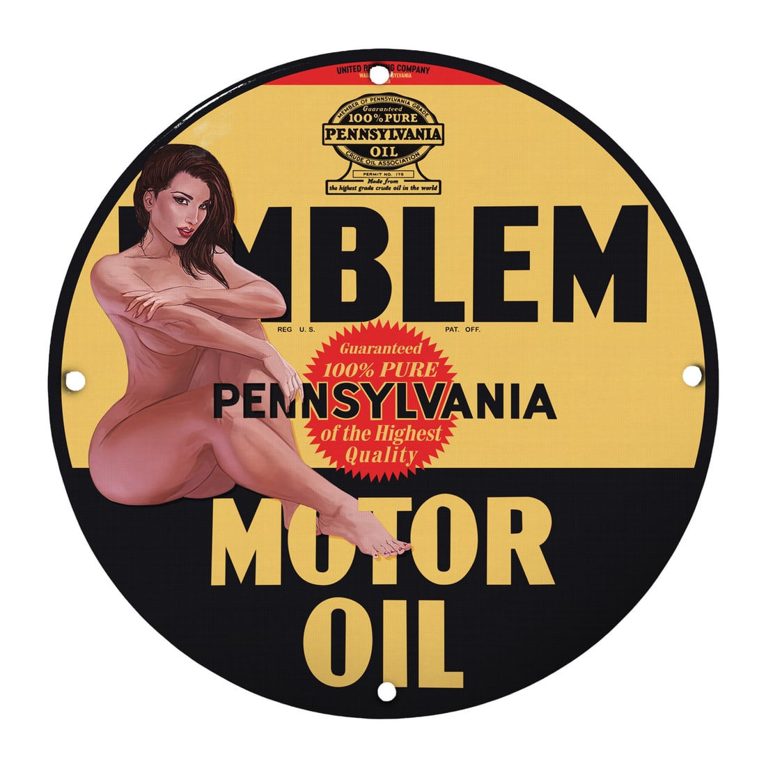 Vintage Pinup Girl Pennsylvania Oil Porcelain Sign - Classic Motor Oil Collectible: Introducing the Vintage Pinup Girl Pennsylvania Oil Porcelain Sign, a classic collectible that brings a touch of nostalgia to your automotive space. This stunning 12-inch round sign features a beautif