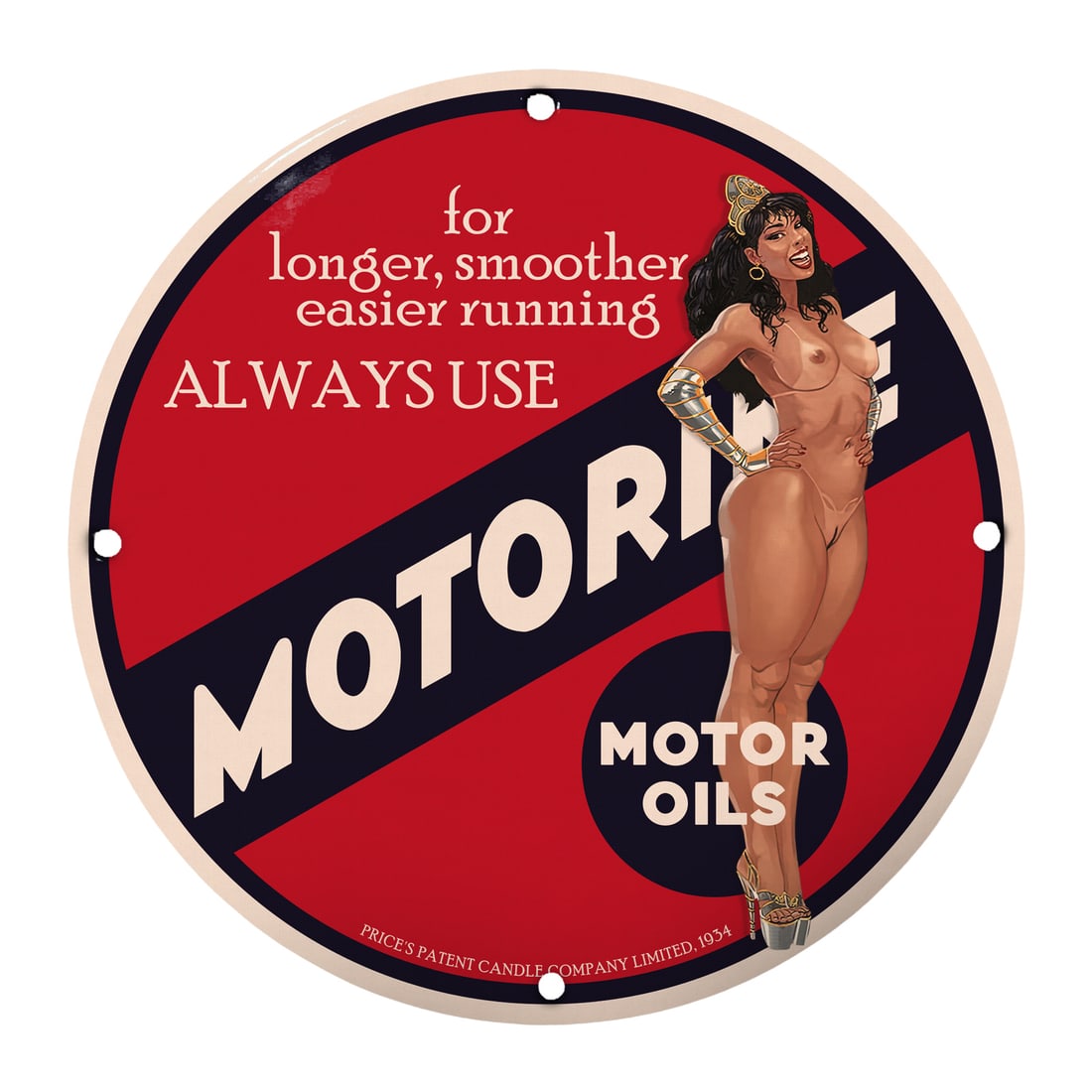 Vintage Pinup Girl Motor Oil Sign: For Smooth Running Always Use Motorite: This stunning 12-inch round porcelain sign is a true collector's item, featuring a captivating vintage pinup girl design. The vibrant red background contrasts beautifully with the bold lettering, draw