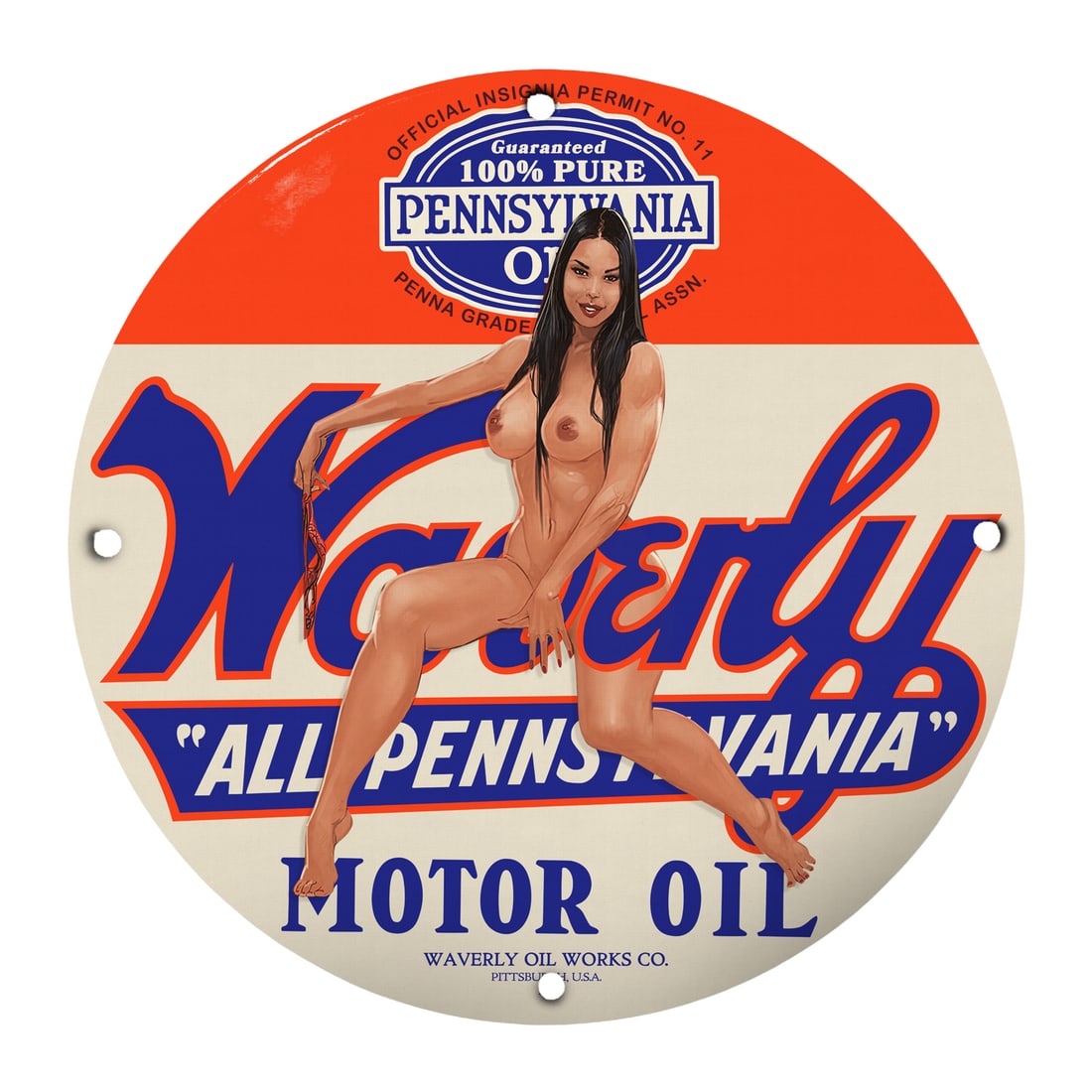 Waverly Oil Works 12" Pinup Girl Porcelain Sign - Vintage Motor Oil Decor: Bring a touch of retro charm to your collection with this exquisite 12-inch round porcelain sign featuring a stunning pinup girl from Waverly Oil Works Co. This meticulously crafted sign is perfect fo