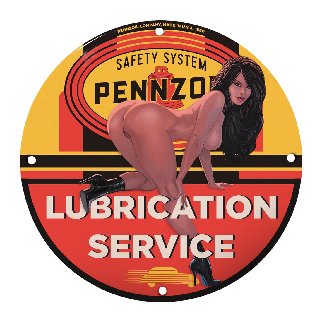Vintage Pin-Up Girl Pennzoil Lubrication Service Porcelain Sign - 12" Round Decor: This stunning 12" round porcelain sign features a captivating vintage pin-up girl design, synonymous with classic Americana and nostalgic automotive culture. Crafted using high-quality porcelain, this