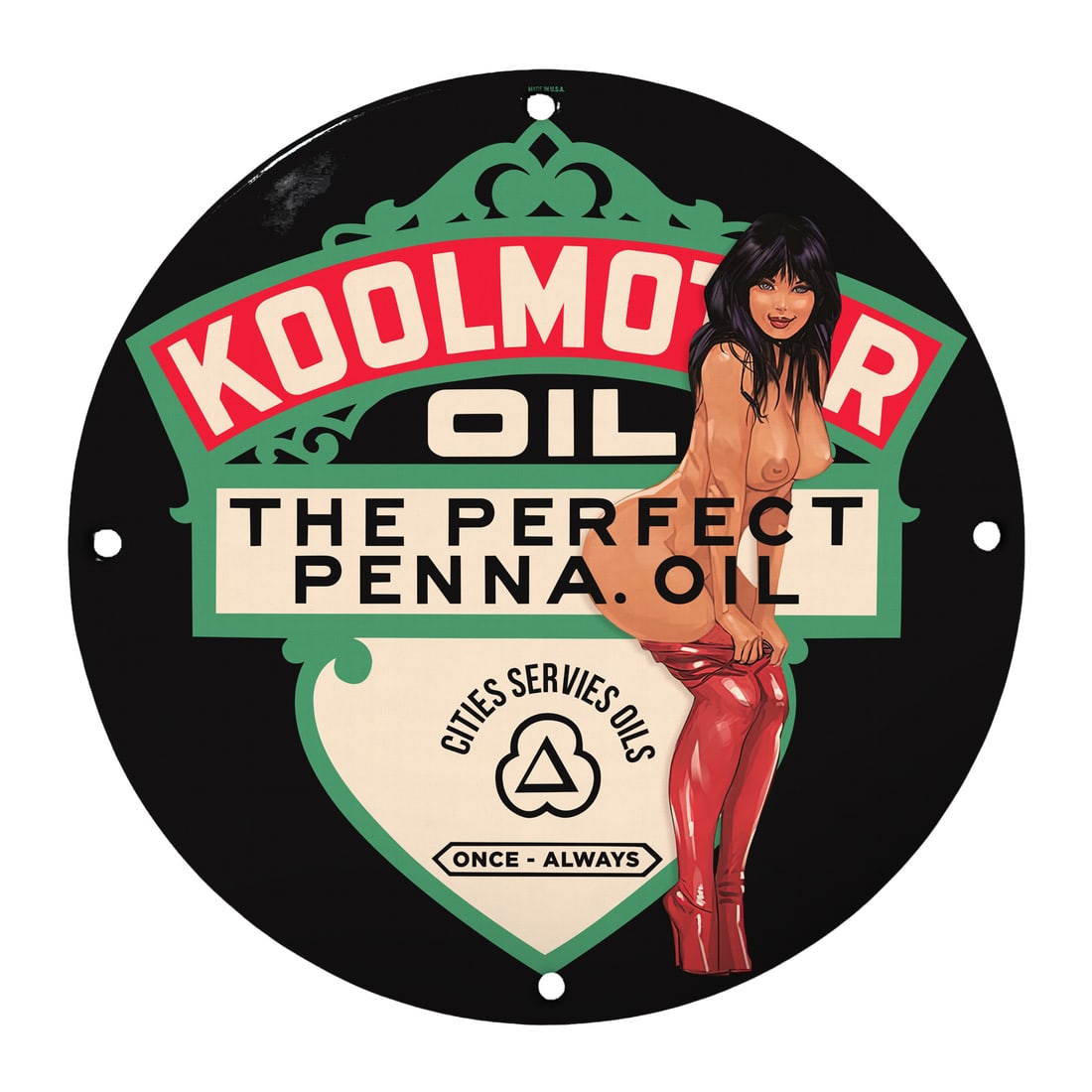 Vintage Koolmotor Oil Pinup Girl Porcelain Sign - Classic Nostalgia Decor: Elevate your garage, man cave, or retro-themed room with this exquisite 12" round porcelain sign featuring a stunning pinup girl and the classic Koolmotor Oil branding. This collectible piece resonate