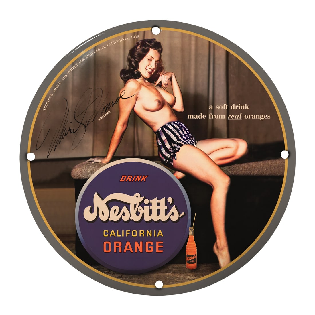 Vintage 1949 Nestl?'s California Orange Pinup Girl Porcelain Sign - Collectible Art: Dive into the captivating world of vintage advertising with this striking 12-inch round porcelain sign, featuring a classic pinup girl from 1949. Made to celebrate the popular soft drink 'Nestl?'s Cal