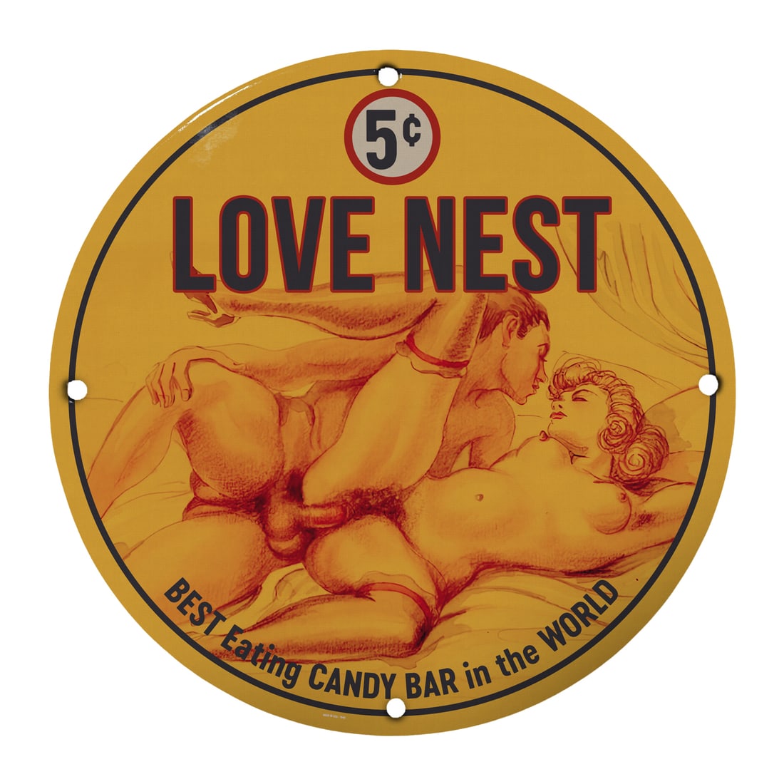 Vintage Pin-Up Girl 'Love Nest' Porcelain Sign - Retro Collectible Decor: Elevate your space with this vintage-inspired 12-inch round porcelain pin-up girl 'Love Nest' sign. This stunning piece captures the allure and charm of classic pin-up art, portraying an intimate scen