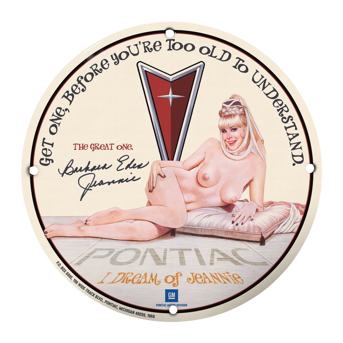 Vintage 12-Inch Round Porcelain Pin-Up Girl Sign - I Dream of Jeannie: This collectible 12-inch round porcelain sign featuring a classic pin-up girl design, inspired by the iconic character from 'I Dream of Jeannie,' is a must-have for any enthusiast of vintage memorabil