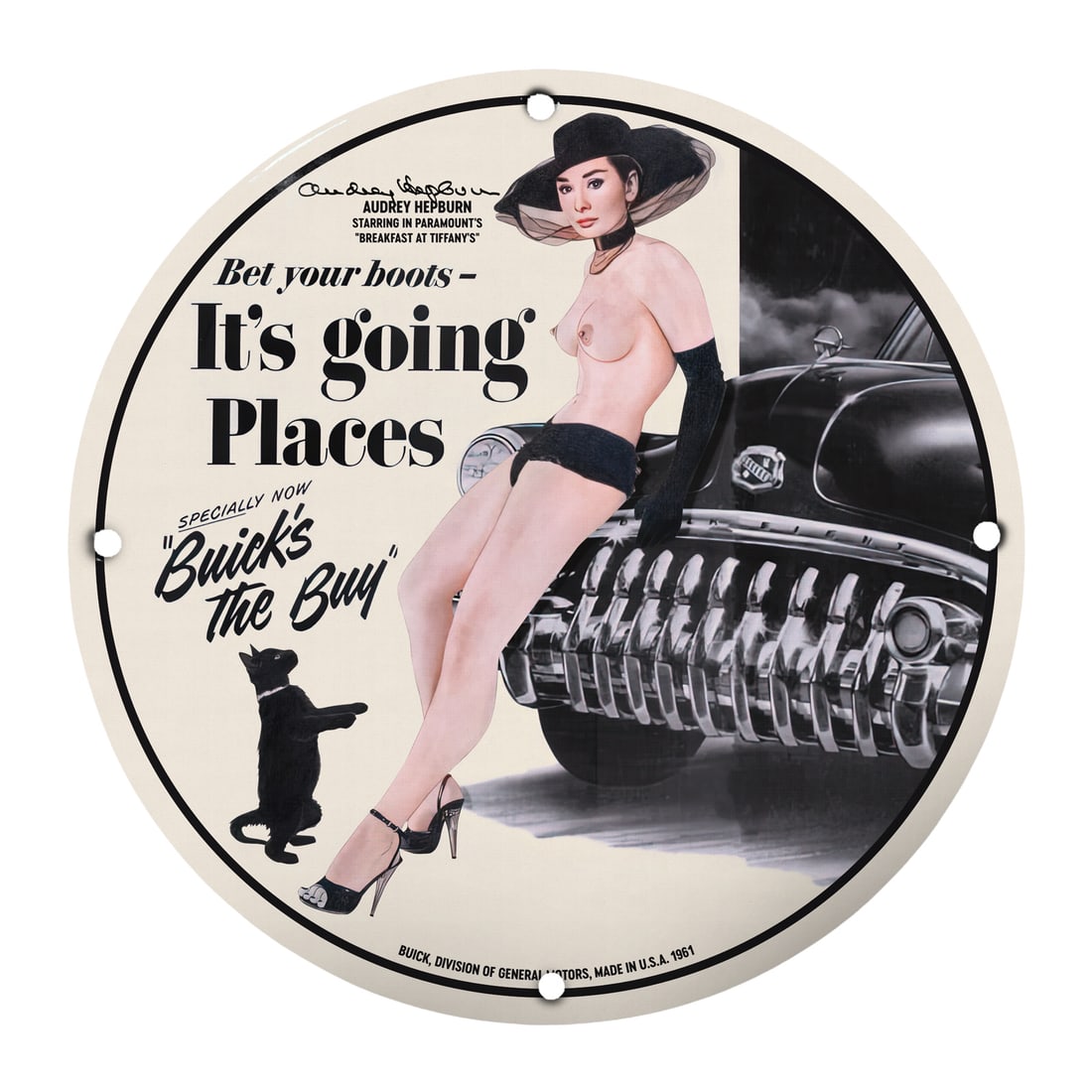 Vintage 1961 Buick Pinup Girl Porcelain Sign - Iconic Audrey Hepburn Art: Celebrate the timeless beauty and charm of classic Americana with this striking 12-inch round porcelain sign featuring an iconic pinup girl inspired by the legendary Audrey Hepburn. Perfectly blending