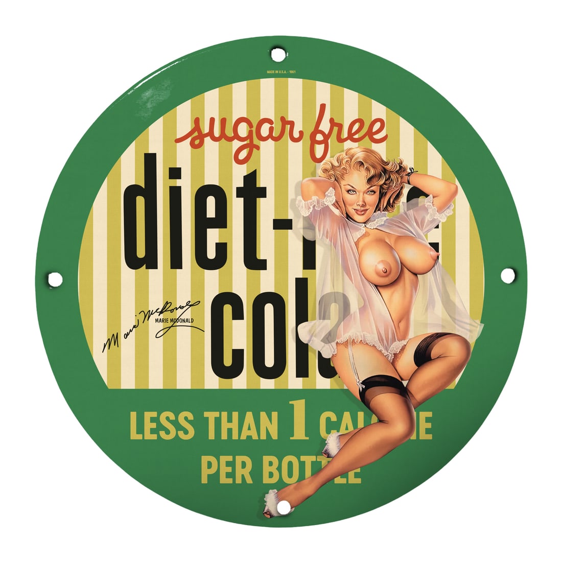 Vintage 12" Round Pinup Girl Sign - Sugar Free Diet Cola Decor: Elevate your home or office decor with this striking 12-inch round porcelain pinup girl model sign featuring the alluring imagery of a vintage pinup girl. With its vibrant colors and retro-inspired de