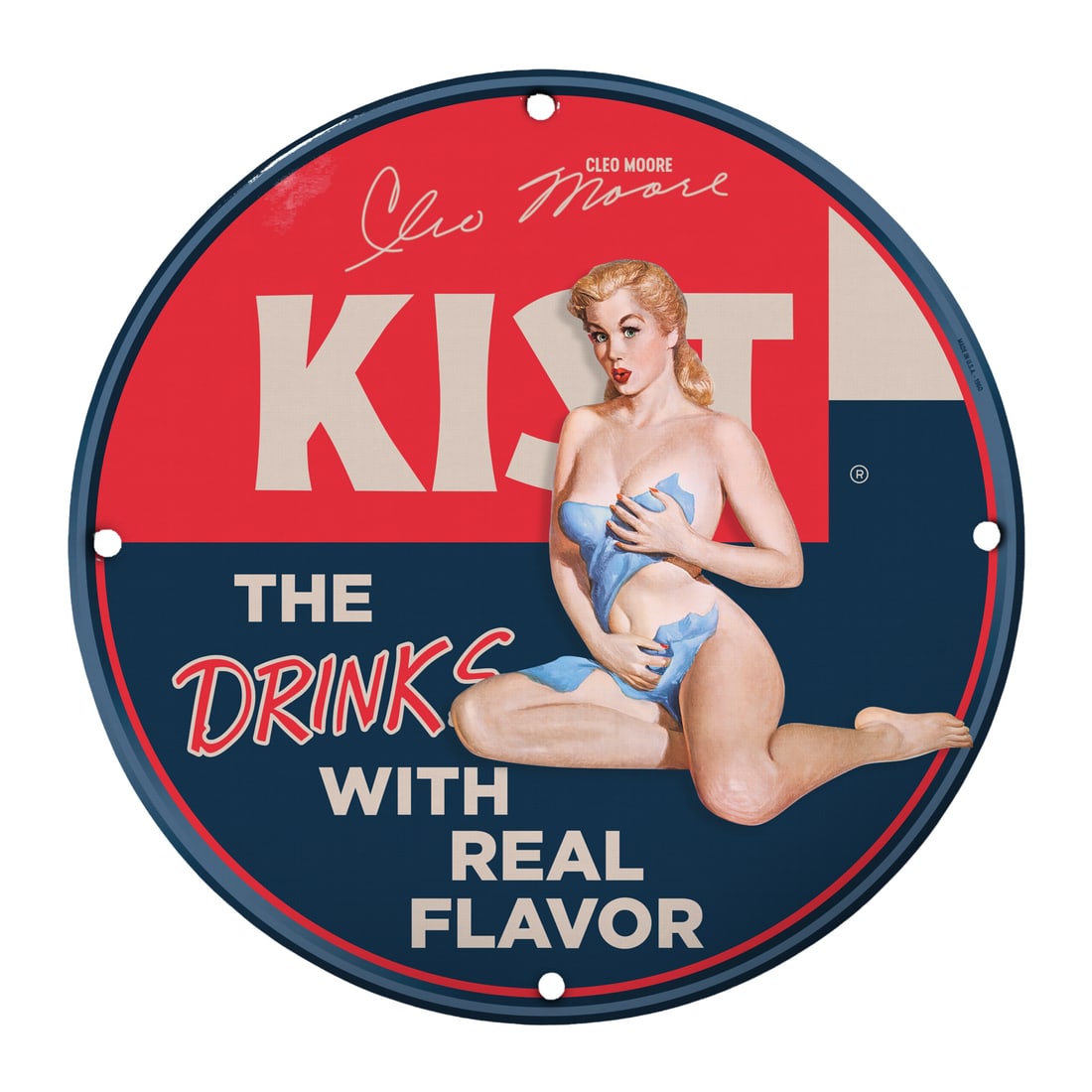 Vintage Cleo Moore KIST Pin-Up Girl Porcelain Sign - 12" Round Collectible Art: Elevate your collection with this stunning Vintage Cleo Moore KIST Pin-Up Girl Porcelain Sign. This 12-inch round sign is not just a decoration; it's a piece of nostalgia that embodies the charm and a