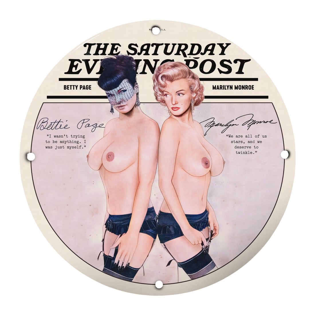 Vintage Pinup Glamour: Betty Page & Marilyn Monroe Porcelain Sign: Introducing a mesmerizing piece of art that captures the essence of vintage glamour?our 12-inch round porcelain pinup girl model sign featuring iconic figures Betty Page and Marilyn Monroe. This colle