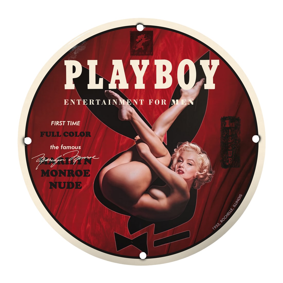 Playboy Pin-Up Porcelain Sign: Marilyn Monroe in Stunning Full Color: This exquisite 12-inch round porcelain sign features the iconic pin-up girl, Marilyn Monroe, showcasing her timeless beauty in a captivating pose that has left an indelible mark on pop culture. This p