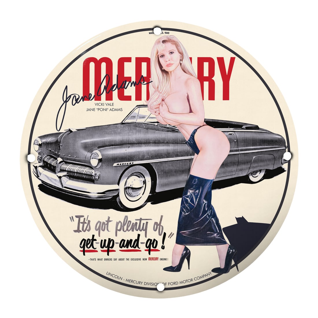 Vintage 12" Porcelain Pin-Up Girl Sign: Classic Mercury Car & Jane Adams: Step into a captivating blend of nostalgia and allure with this stunning 12" round porcelain pin-up girl model sign featuring the iconic Jane 'Poni' Adams alongside a classic Mercury car. This exquisi