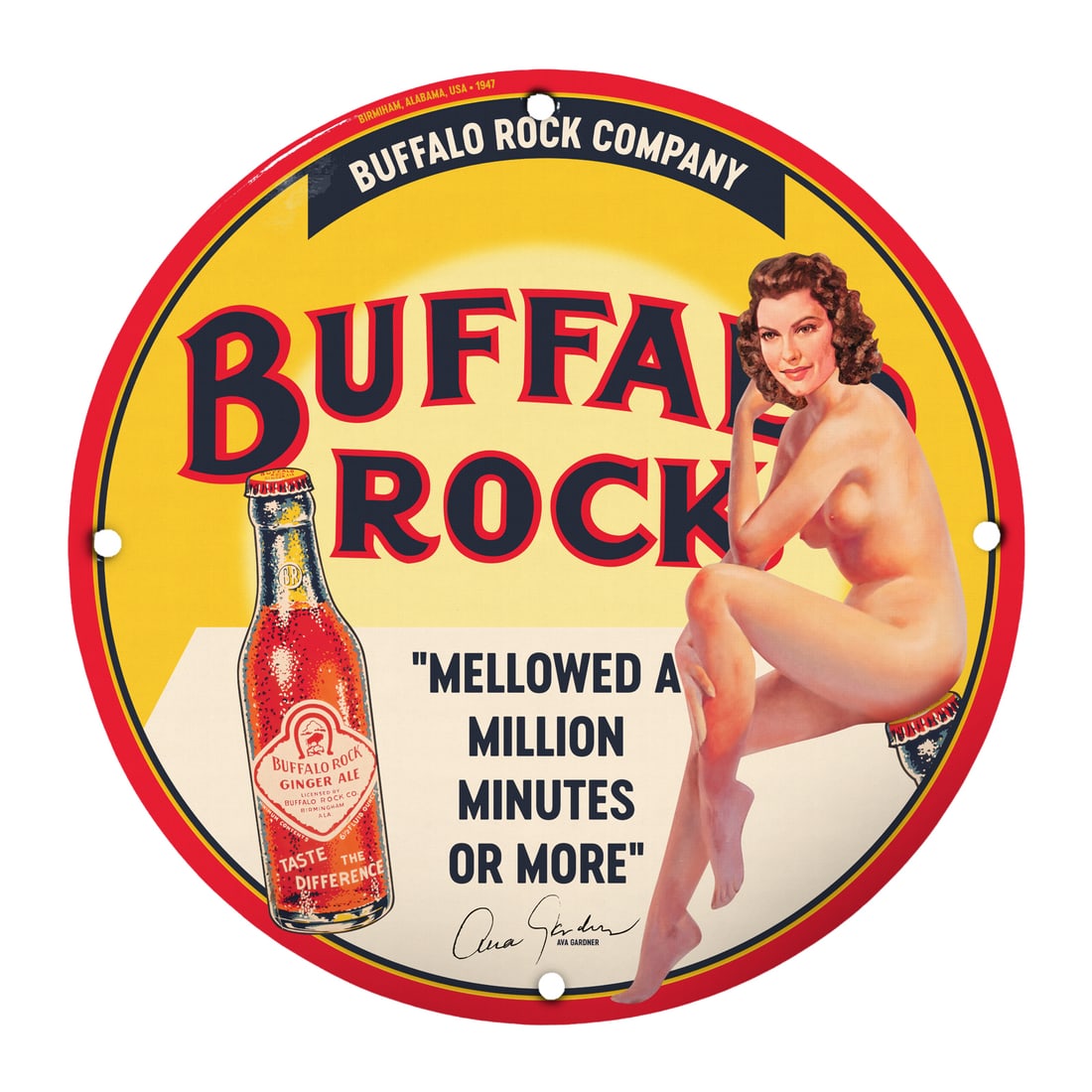 Vintage Buffalo Rock Co. Pinup Girl Porcelain Sign - Retro 1947 Decor: Step back in time with this exquisite 12-inch round porcelain sign featuring the iconic Buffalo Rock Company pinup girl design from 1947. This nostalgic piece showcases a stunning portrayal of feminin