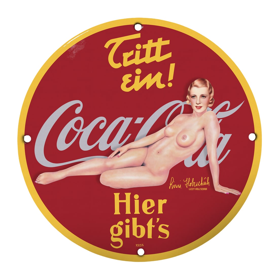 Vintage 12" Round Porcelain Pinup Girl Coca-Cola Sign - Collectible Art: This stunning 12-inch round porcelain sign features a mesmerizing pinup girl artfully posed against a vibrant Coca-Cola backdrop. The artwork, created by the renowned Lizzy Holzschuh in 1935, marries 
