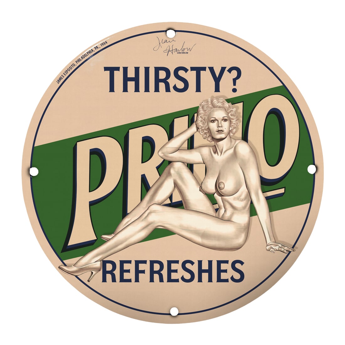 Vintage Pinup Girl Porcelain Sign: Thirsty? PRIMO Refreshes: Enhance your decor with this exquisite 12-inch round porcelain sign featuring a stunning pinup girl illustration designed to captivate any viewer. This vintage masterpiece emphasizes nostalgia and ret