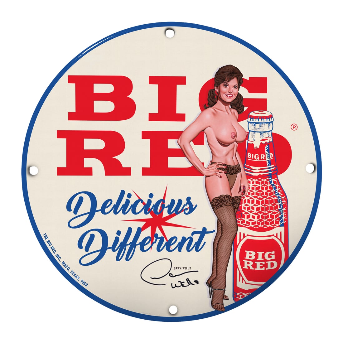 Vintage Big Red Pinup Girl Porcelain Sign - Delicious & Different: Step back in time with this stunning 12-inch round porcelain sign featuring a vintage pinup girl advertising Big Red soda. This eye-catching piece is not only a great conversation starter but also a n