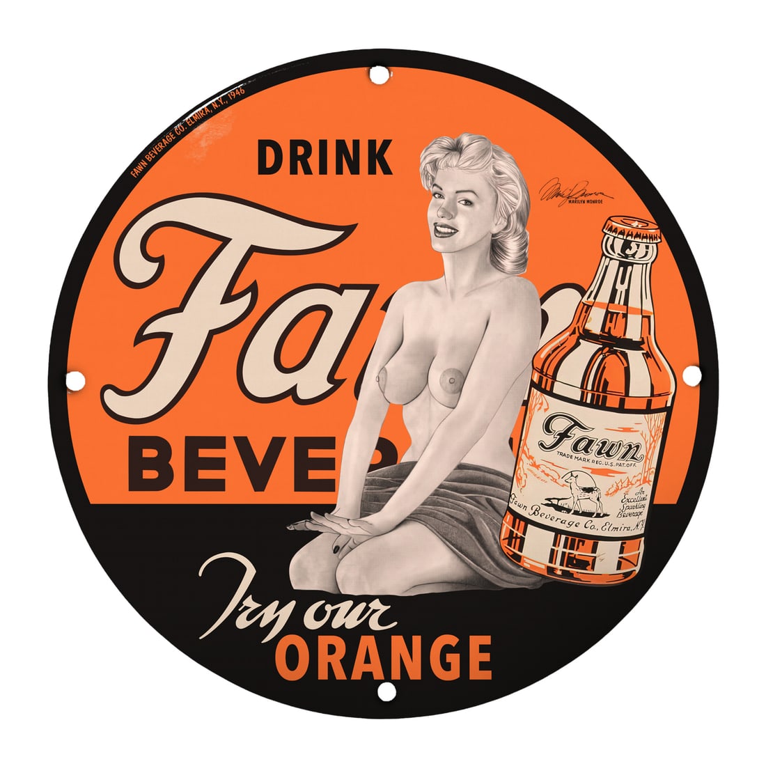 Vintage Fawn Beverage Pinup Girl Porcelain Sign - 12" Round Classic Decor (1 of 1)
