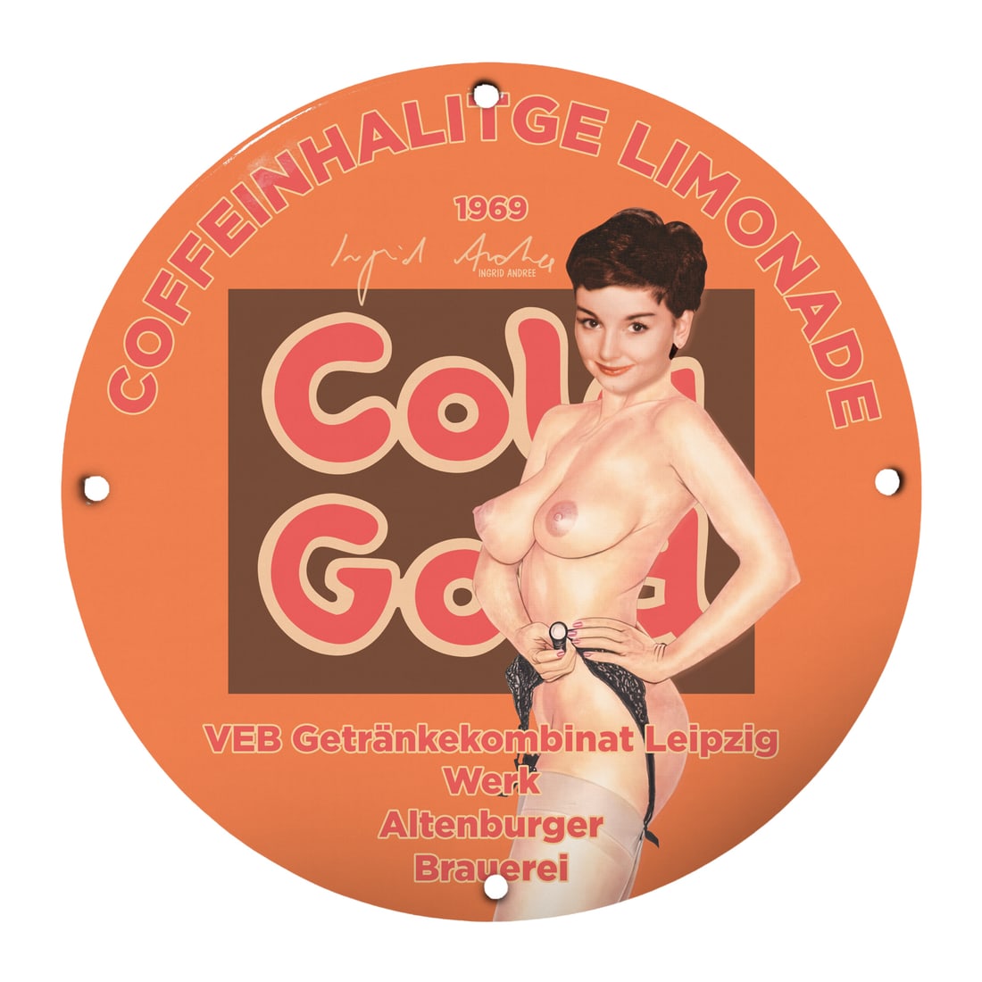 Vintage 1969 Porcelain Pinup Girl Sign - Retro Soda Advertisement: This stunning 12-inch round porcelain sign features a captivating pinup girl, harking back to the playful spirit of the 1960s. Perfect for collectors of vintage memorabilia or anyone wanting to add a 