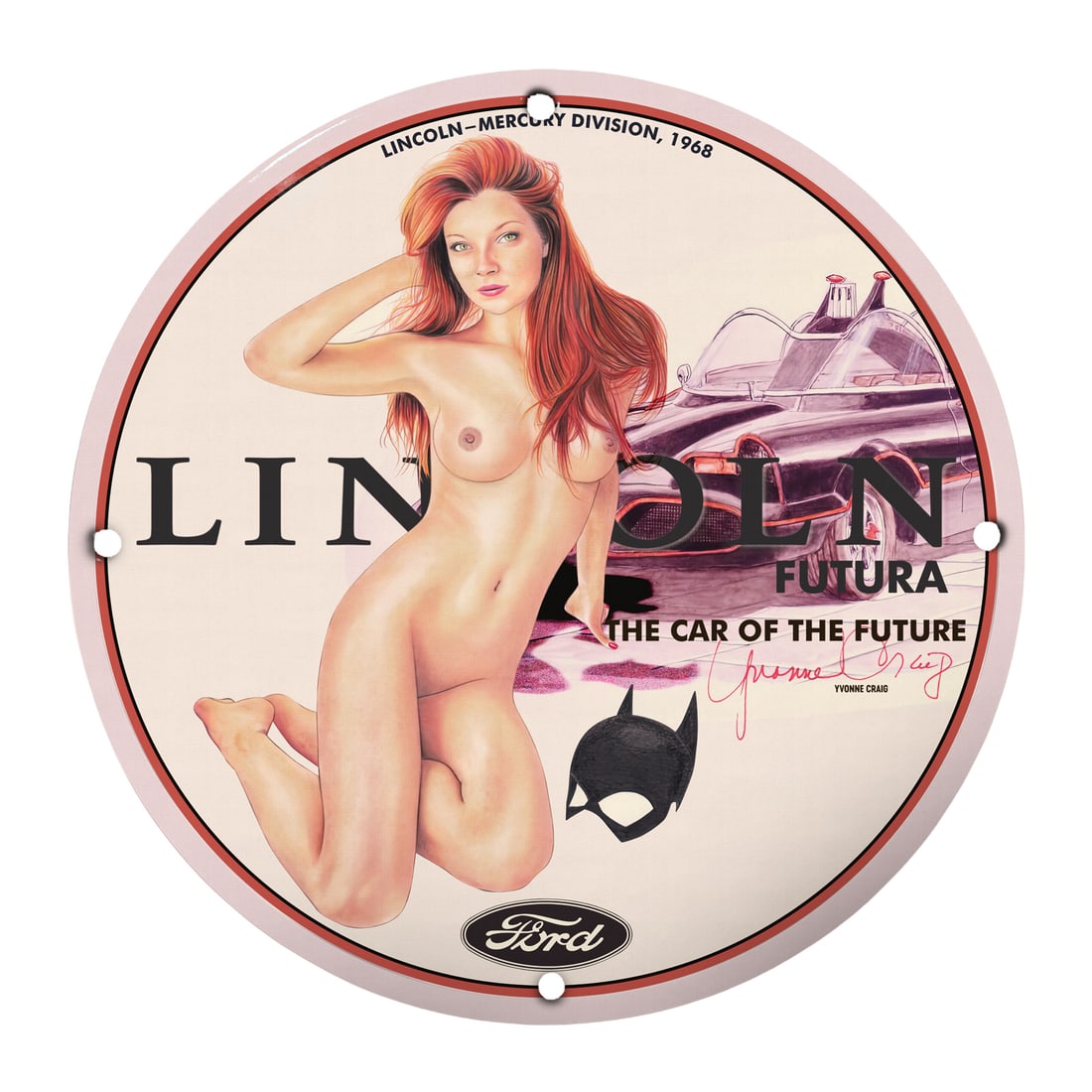 Vintage 1968 Lincoln Futura Pinup Girl Porcelain Sign: Iconic Car Art (1 of 1)
