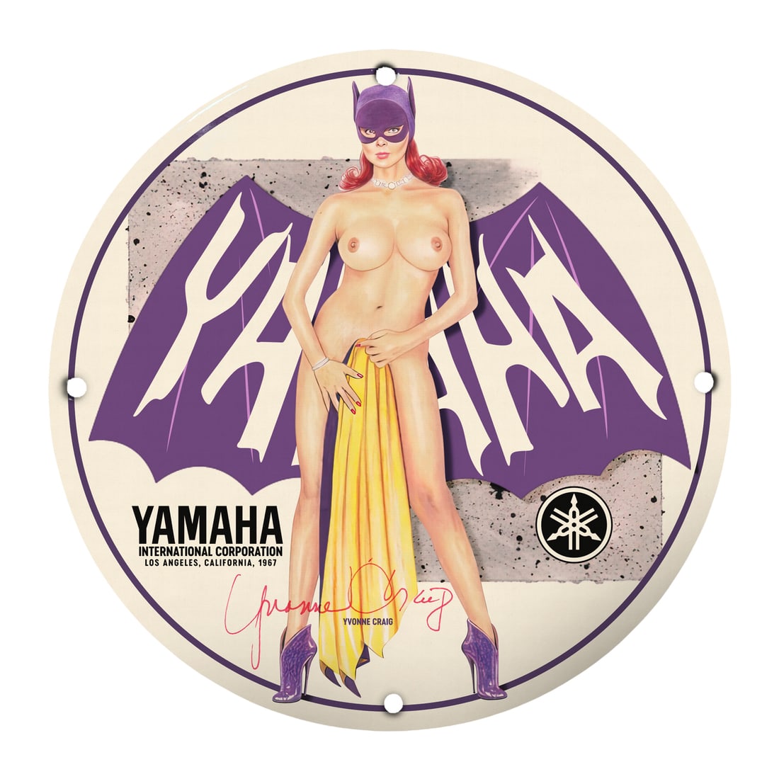 Vintage Yamaha Pinup Girl Porcelain Sign - Eye-Catching Retro Art (1967): Capture the essence of vintage Americana with this stunning 12-inch round porcelain pinup girl model sign featuring a classic motif from 1967. This beautifully crafted sign showcases a striking image 