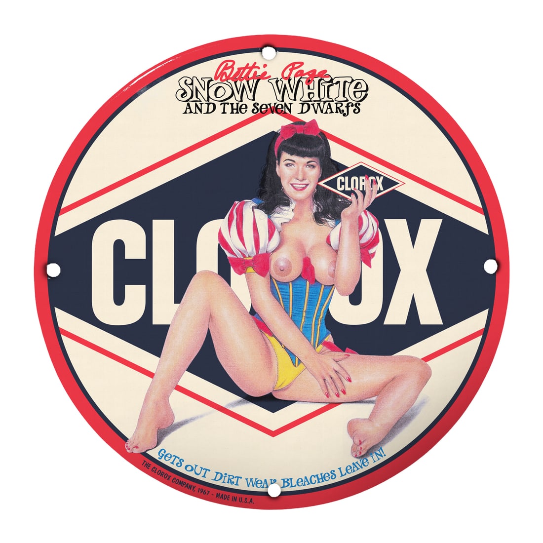 Bettie Page Snow White Pinup Model Sign - 12" Vintage Porcelain Decor: Step into a world of retro charm with this stunning 12" round porcelain sign featuring the iconic pinup girl Bettie Page as Snow White. This unique piece brilliantly encapsulates the playful fusion of