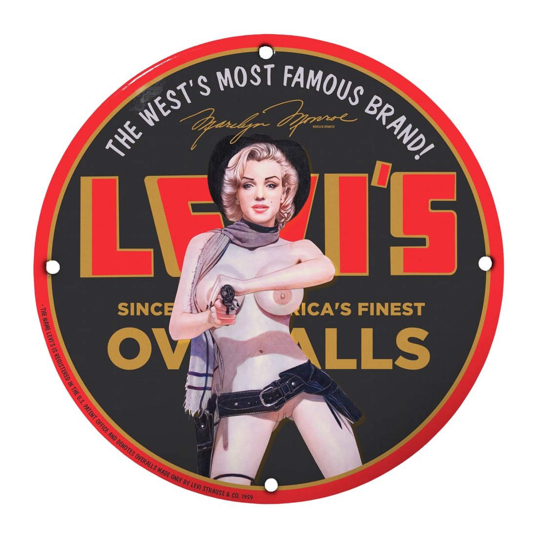 Vintage Levi's Pin-Up Girl Porcelain Sign - Marilyn Monroe Aesthetic Art: Discover the allure of classic Americana with this stunning 12-inch round porcelain sign featuring an iconic pin-up girl inspired by the timeless beauty of Marilyn Monroe. This unique piece artfully c