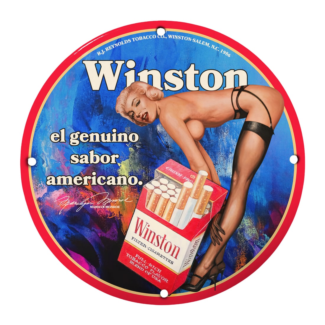 Vintage 1956 Winston Cigarettes Pin-Up Girl Porcelain Sign - Unique Decor: Add a touch of nostalgia and vintage charm to your collection with this stunning 12-inch round porcelain sign featuring a captivating pinup girl design that dates back to 1956. This sign celebrates th