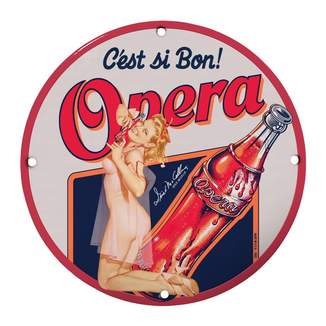 C'est Si Bon! Vintage Pin-Up Girl Opera Sign - 12" Porcelain Decor: Step into the charming world of vintage advertising with our stunning 12-inch round porcelain sign featuring a delightful pin-up girl theme. This beautiful sign, titled 'C'est Si Bon! Opera,' showcase