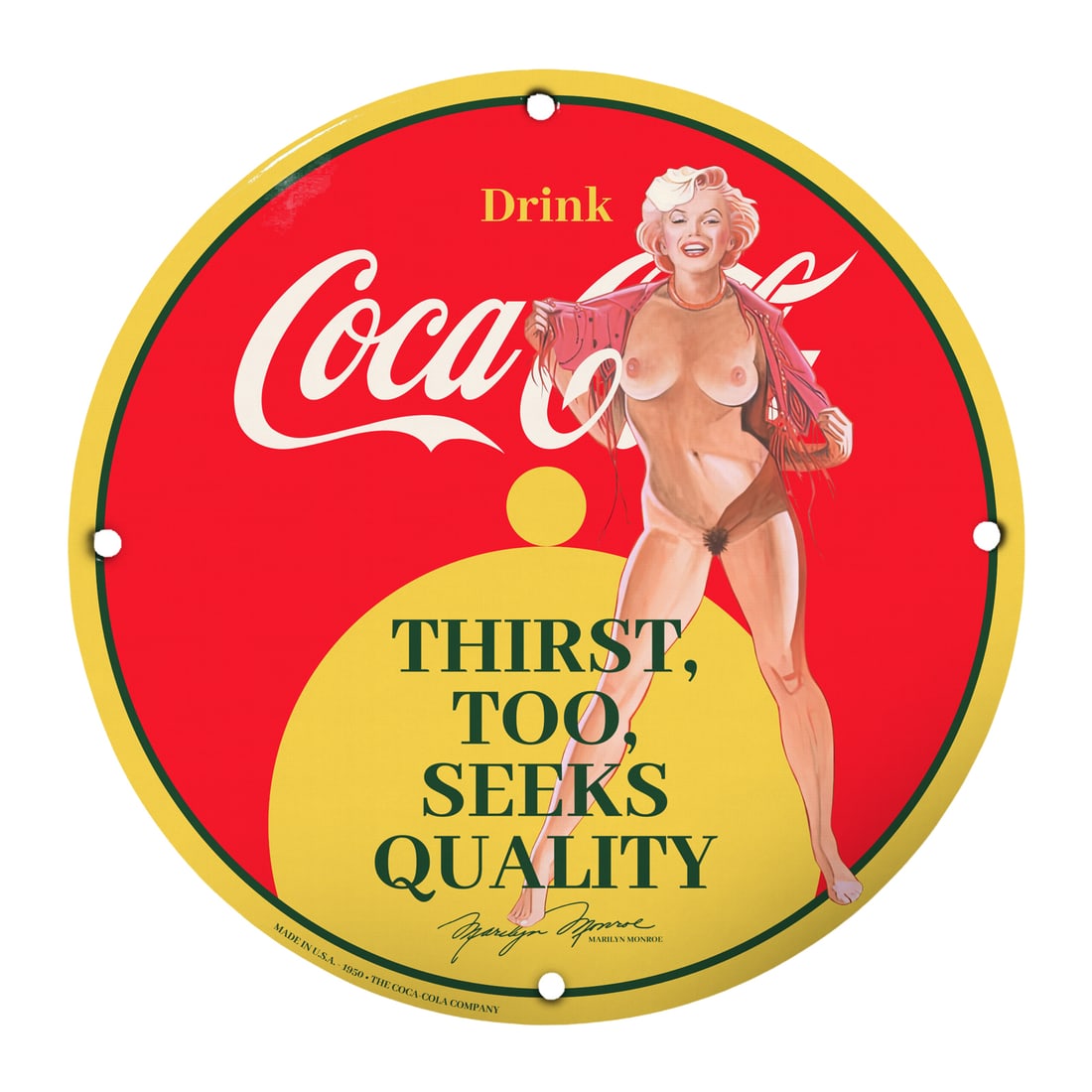 Vintage Porcelain Pinup Girl Coca-Cola Sign - Thirsty For Quality: Introducing a stunning 12-inch round porcelain sign featuring a captivating vintage pinup girl, guaranteed to catch the eye of collectors and enthusiasts alike. This delightful piece showcases the end