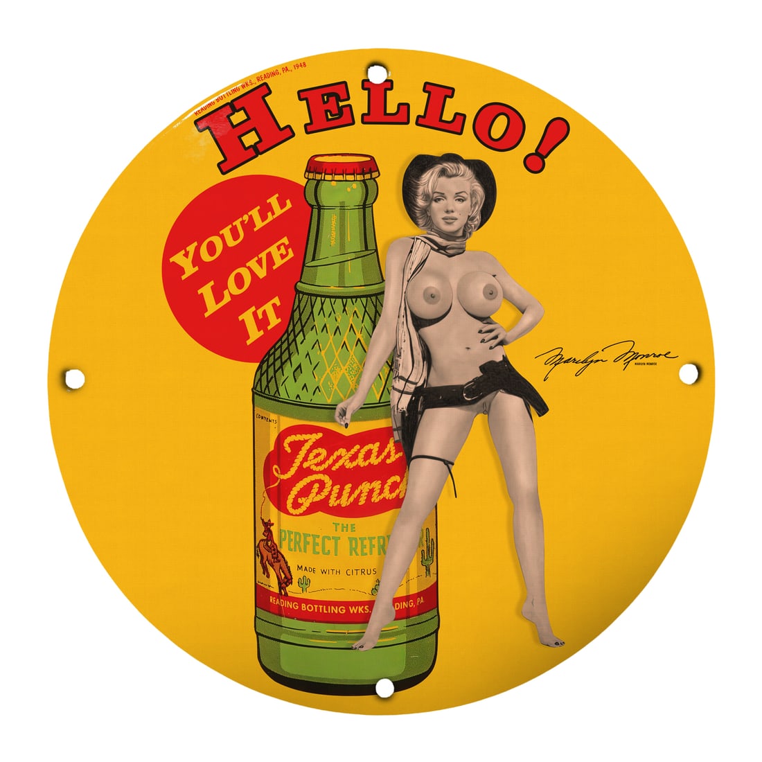Vintage Pinup Girl Porcelain Sign - Texas Punch - Retro Decor: Step back in time with this captivating 12-inch round porcelain sign featuring an alluring pinup girl that captures the essence of mid-20th century charm. Adorned with a vibrant yellow background, thi