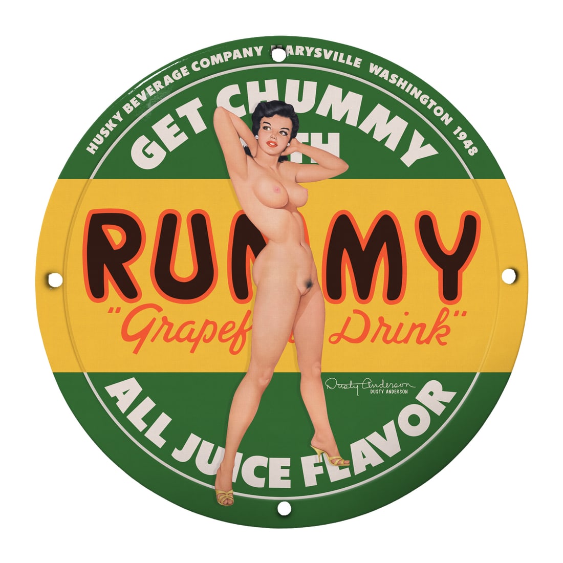 Vintage 12" Round Pinup Girl Porcelain Sign - Rummy Grapefruit Drink Collectible: Introduce a touch of nostalgia to your collection with this exquisite 12-inch round porcelain pinup girl sign, featuring the iconic Rummy Grapefruit Drink advertisement. Hailing from the illustrious H