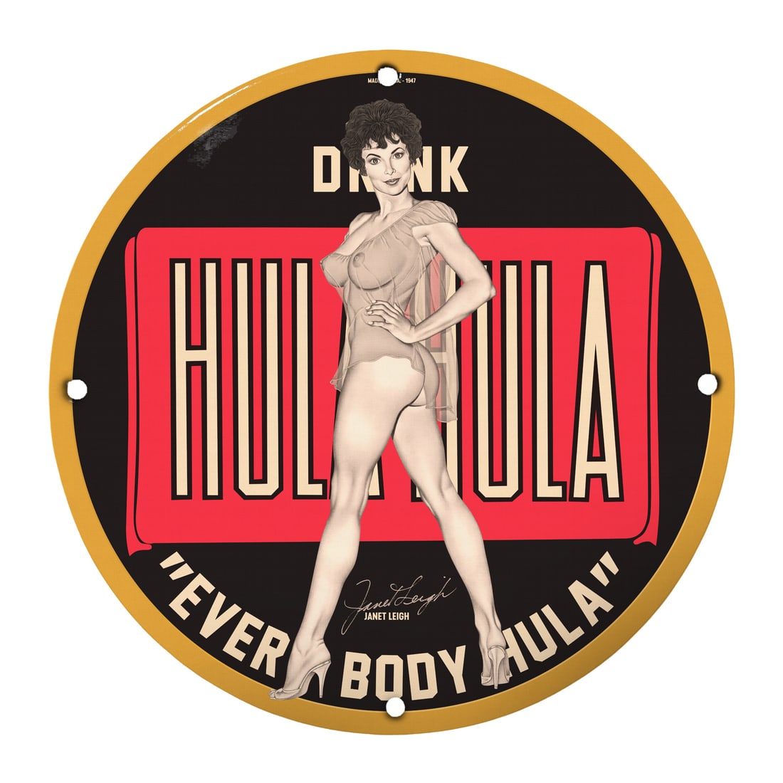 Vintage 12" Round Porcelain 'Drink Hula Hula' Pin-Up Girl Sign for Collectors: Embrace a slice of nostalgia and add a touch of retro flair to your space with this stunning 12-inch round porcelain pin-up girl model sign, featuring the captivating artwork of the iconic 'Hula Hula'