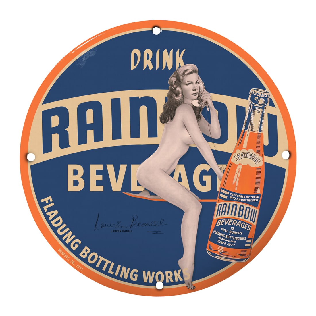 Vintage Pinup Girl Porcelain Sign: Drink Rainbow Beverages ? Classic Wall Art: Elevate your decor with this stunning 12-inch round porcelain sign featuring a captivating pinup girl promoting 'Drink Rainbow Beverages' from the Fladung Bottling Works. A perfect addition for vintag