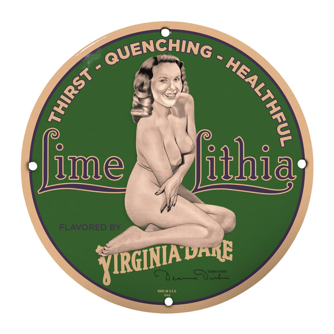 Vintage Lime Lithia Pinup Girl Porcelain Sign - Thirst-Quenching & Healthful Decor: Elevate your space with this stunning 12" vintage-style porcelain sign featuring a classic pinup girl design for Lime Lithia. Made in the USA, this piece captures the essence of mid-century Americana,