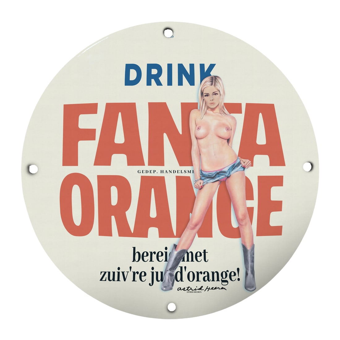 Vintage Pin-Up Girl Fanta Orange Porcelain Sign - Retro Wall Art: Add a touch of playful nostalgia to your space with this stunning 12-inch round porcelain sign featuring a classic pin-up girl promoting Fanta Orange. This unique piece of art is not just a representa