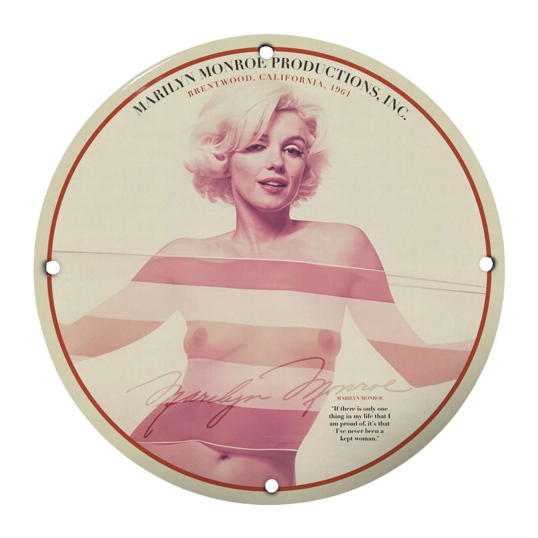 Vintage 1961 Marilyn Monroe 12" Porcelain Pinup Girl Model Sign - Iconic Hollywood Decor: Enhance your collection with this stunning 12" round porcelain sign featuring the timeless beauty of Marilyn Monroe. This vintage-inspired decor piece showcases an alluring image of Monroe in a captiv