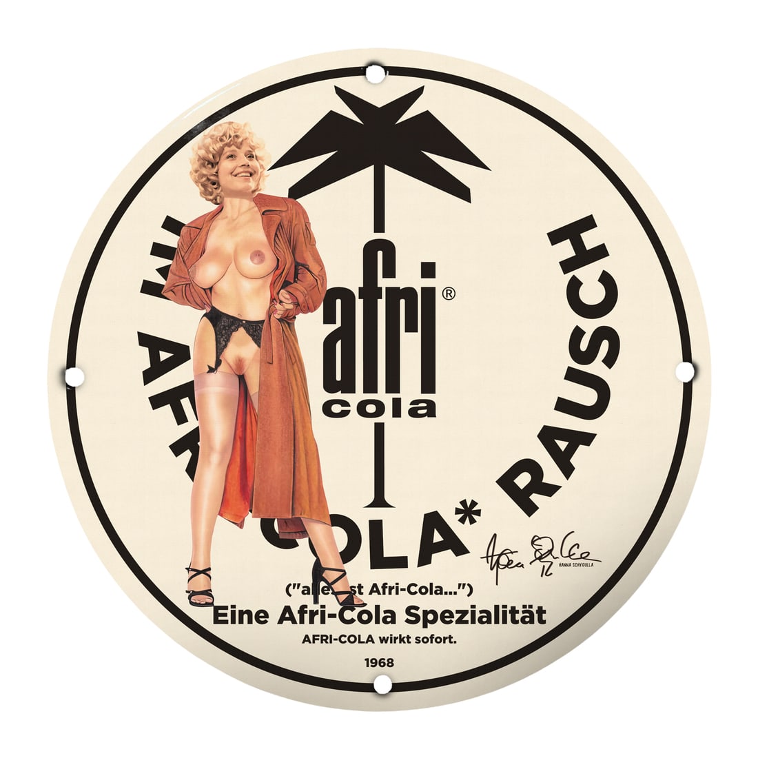 Vintage Afri-Cola Pinup Girl Porcelain Sign - Retro Collectible Art: Experience the charm of yesteryear with this stunning 12-inch round porcelain pinup girl model sign featuring the iconic Afri-Cola brand from 1968. This vintage-inspired signage not only serves as a d