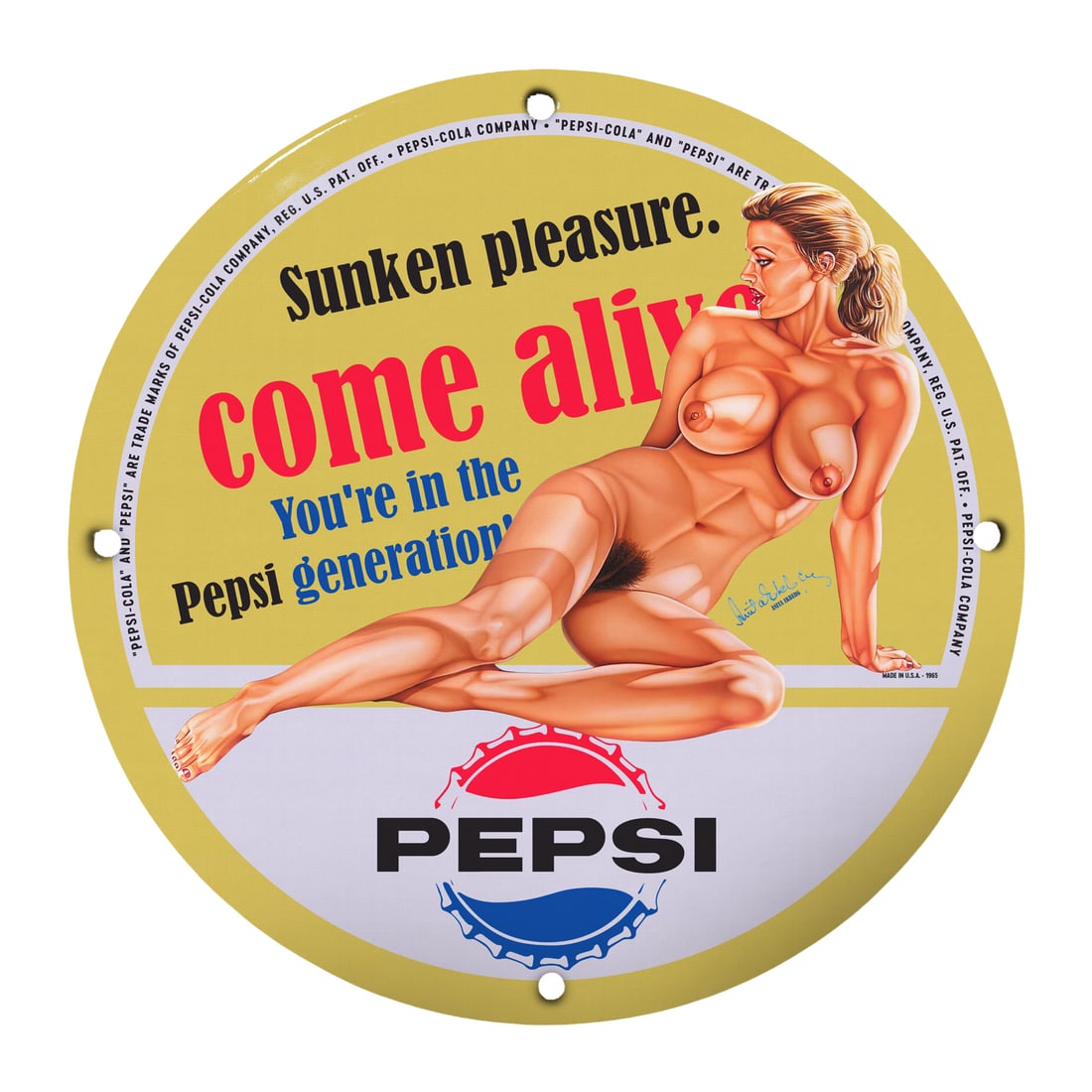 Vintage Pepsi Pin-Up Girl Porcelain Sign ? Collectible Memorabilia (12" Round): Elevate your collection with this 12-inch round porcelain sign featuring a stunning vintage pin-up girl ad for Pepsi. Embodying the vibrant and playful marketing style of the 1950s, this piece is not 