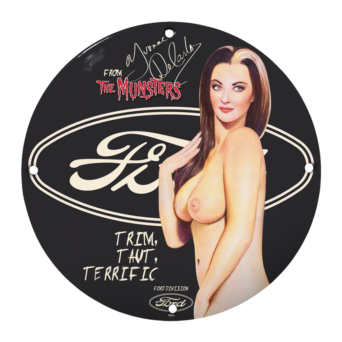 Vintage Pinup Girl Porcelain Sign - Trim, Taut, Terrific for Ford Lovers: Elevate your home or garage decor with this stunning 12-inch round porcelain sign featuring a captivating pinup girl design inspired by the iconic character from 'The Munsters.' This vintage-style pie