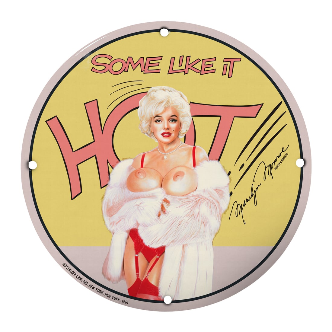 Vintage 12" Porcelain Pinup Girl Sign: 'Some Like It Hot' ? Classic Retro Decor: Step into the enchanting world of classic Hollywood glamour with this stunning 12-inch round porcelain pinup girl sign, titled 'Some Like It Hot.' Featuring a mesmerizing illustration of the iconic Ma