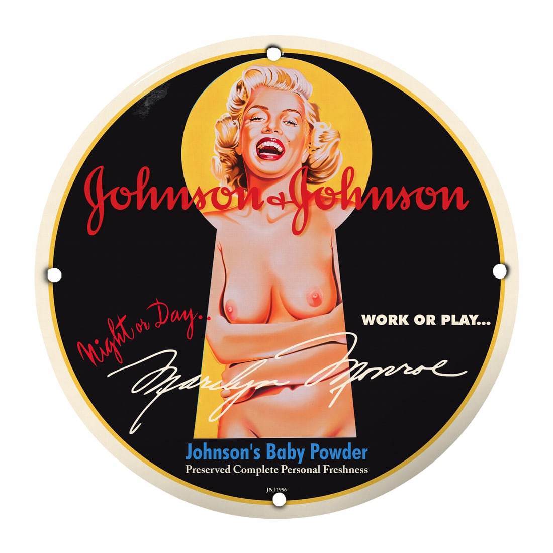 Vintage Marilyn Monroe Johnson's Baby Powder Porcelain Sign - 12-Inch Pin-Up Retro Art: This stunning 12-inch round porcelain sign featuring the iconic Marilyn Monroe embodies timeless beauty and nostalgia, making it an essential addition for collectors and enthusiasts of vintage adverti