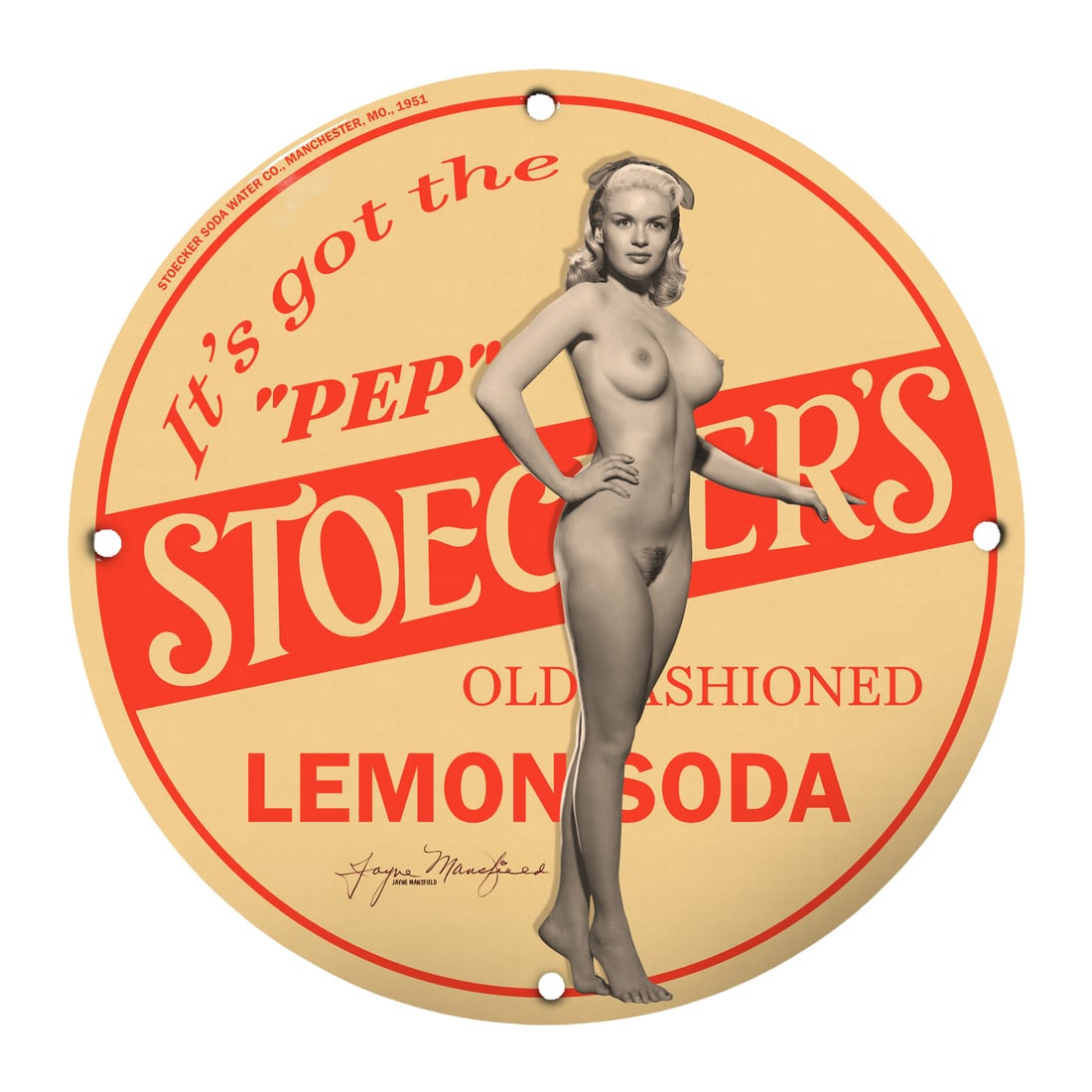 Vintage 1950s Stoeger?s Lemon Soda Pinup Girl Porcelain Sign - Collectible Decor: Add a splash of retro charm to your space with this stunning 12-inch round porcelain sign featuring an enchanting 1950s pinup girl. This vintage-inspired sign, emblazoned with 'It?s got the ?PEP? Stoe