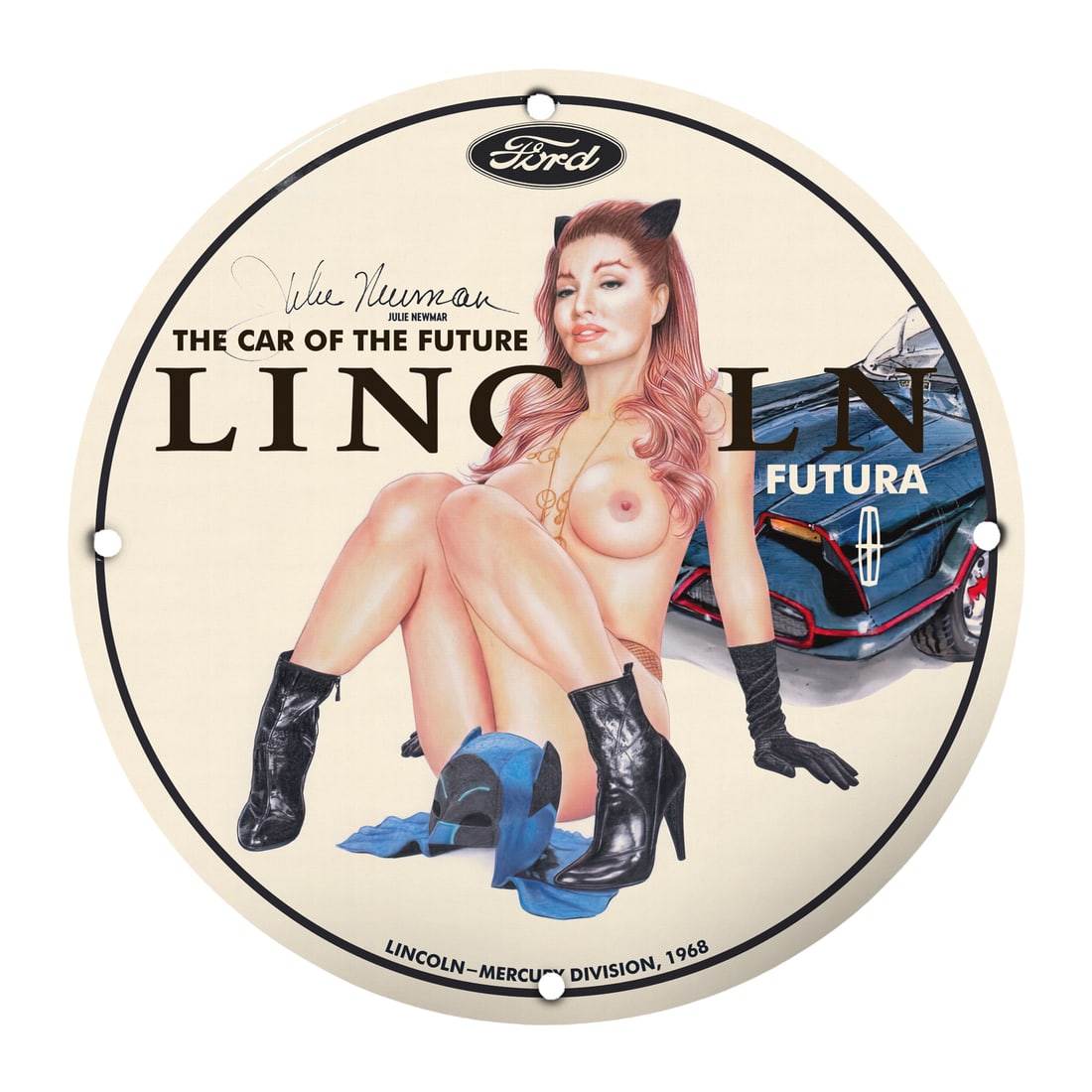 Vintage 1968 Lincoln Futura Pin-Up Girl Porcelain Sign - A Must-Have Collector's Item (1 of 1)