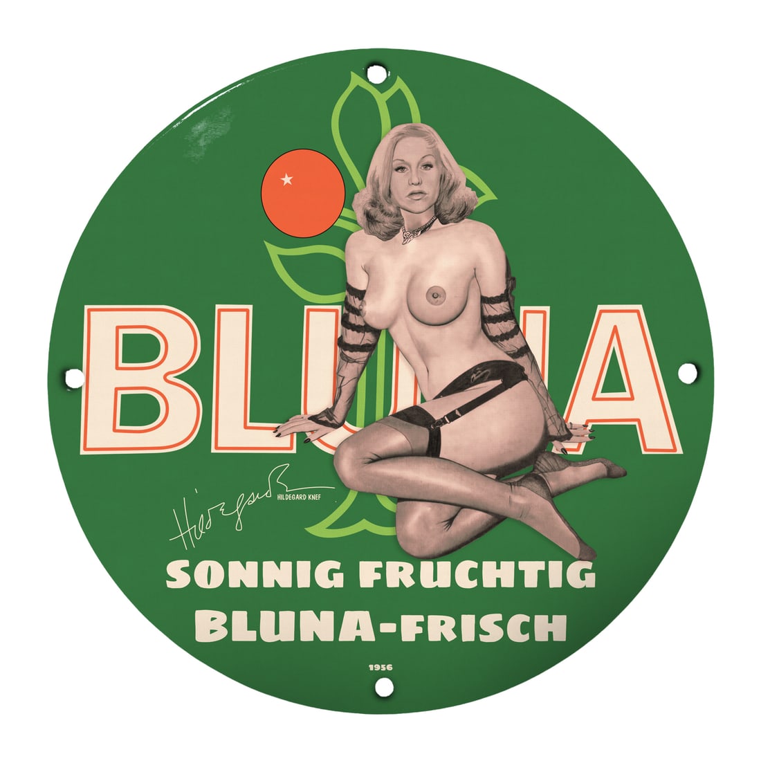 Vintage 1956 Bluna Soda Sign with Classic Pinup Art ? 12" Porcelain Round Sign: Bring a touch of retro charm to your collection with this exquisite 12-inch round porcelain sign featuring the iconic pinup girl art from 1956. The vibrant green background contrasts beautifully with 