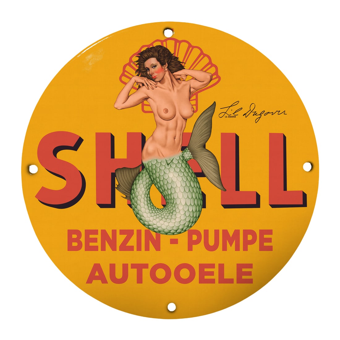 Vintage 12" Round Shell Gas Sign with Pinup Mermaid Art - Classic Decor: Dive into nostalgia with this stunning 12-inch round porcelain sign featuring a beautifully illustrated vintage pinup girl as a mermaid, set against a vibrant yellow background emblazoned with the ico