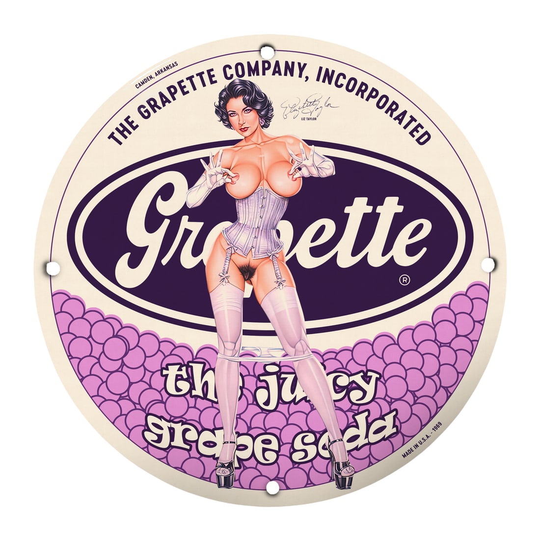 Vintage Grapette Pin-Up Girl Porcelain Sign - Juicy Grape Soda Decor: Dive into a nostalgic world with this captivating 12-inch round porcelain pin-up girl model sign featuring the iconic Grapette logo and a stunning illustration of a vintage pin-up girl. Perfect for co