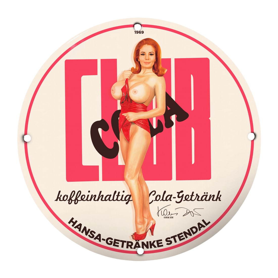 Vintage 1969 Pinup Girl Porcelain Sign - Club Cola Retro Decor: Elevate your space with this stunning 12-inch round porcelain sign featuring a vintage 1969 pinup girl design for Club Cola. Crafted with vibrant colors and intricate detail, this sign captures the es