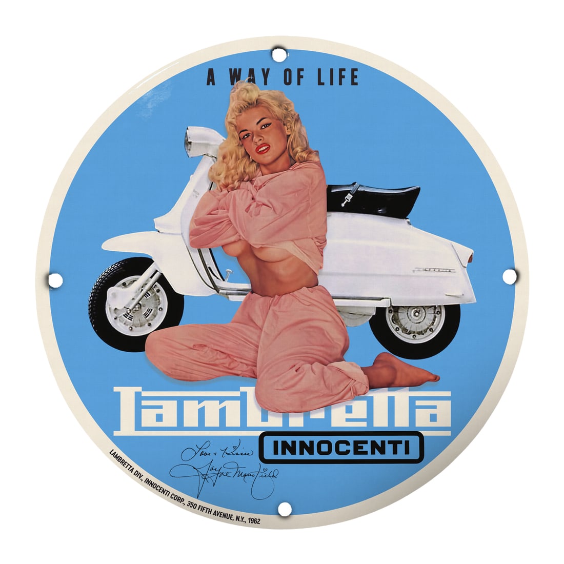 Vintage 12" Porcelain Pinup Girl Sign ? Lambretta Innocenti Art: Discover the perfect blend of vintage charm and retro flair with this stunning 12-inch round porcelain pinup girl sign featuring the iconic Lambretta design. This collectible piece evokes the vibrant 