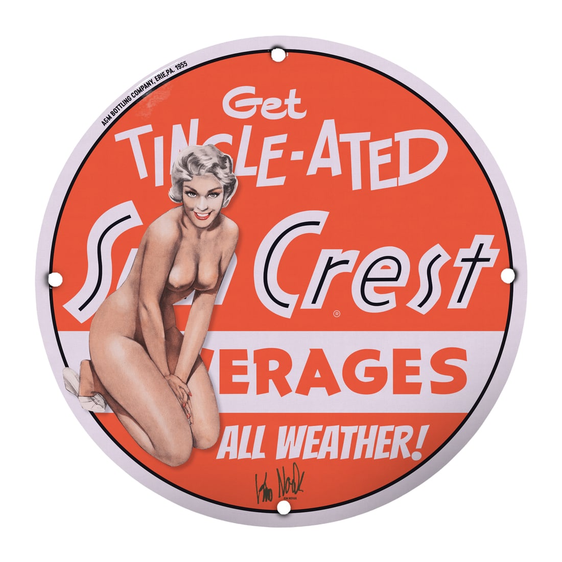 Vintage 12" Round Porcelain Pinup Girl Sign - Tingle-Ated Sun Crest Beverages: Step into the alluring charm of the 1950s with this captivating 12-inch round porcelain sign featuring a stunning pinup girl. This unique collector's item is not just a decoration; it's a nostalgic tr